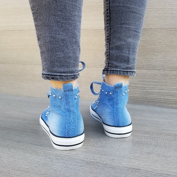 Jean High Top Fashion Sneakers W/ Metal Studs-D - Picture 5 of 8